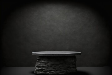 Empty dark stone tabletop or concrete shelf table on black wall background for montage product display or design key visual layout