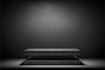 Empty dark stone tabletop or concrete shelf table on black wall background for montage product display or design key visual layout