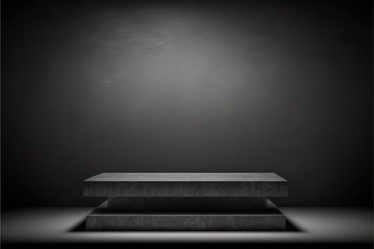 Empty dark stone tabletop or concrete shelf table on black wall background for montage product display or design key visual layout © Azar