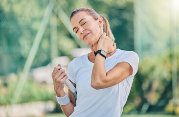 Fitness, neck pain and tennis training with a mature woman on a outdoor court with mockup and injury. Sports, wellness and workout inflammation of a athlete with joint and muscle problem from sport - obrazy, fototapety, plakaty