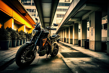Motorbike on parking in city. Color vintage custom motorcycle