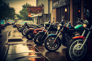 Motorbike on parking in city. Color vintage custom motorcycle