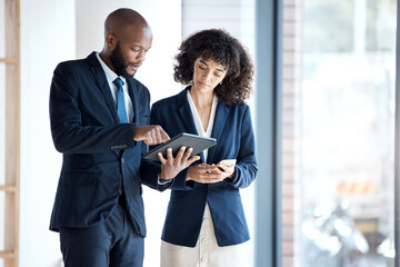 Black people, tablet and checking data, schedule or digital marketing in corporate networking at the office. Employee man and woman with touchscreen in planning for business idea or market strategy