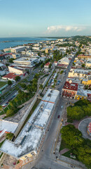 Aerial view of Campeche downtown at sunset. Campeche, Mexico.