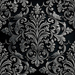 A silver Damask ornament on a black background. Created with Generative AI.