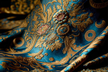 Brocade. A close-up of a dense bright blue silk fabric with golden floral ornaments. Created with Generative AI.
