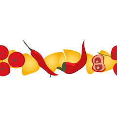 Seamless border with nacho, chili, tomato on white background. Vector template. Vector flat design. Lunch serving, menu.
