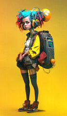 Obraz premium Virtual avatar of young girl with headphones and blue hair wearing Y2K aesthetic and carrying futuristic computer backpack. Metaverse and game role concept. Generative AI.