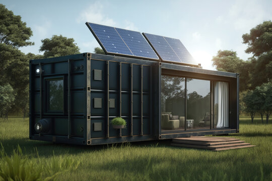 container modular and portable house with solar panels.. self-sufficient and sustainable energy.  generative ai