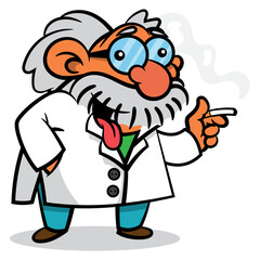 Cartoon illustration of Old professor wearing laboratory coat and smoking cigarette. Best for sticker, logo, and mascot with university themes
