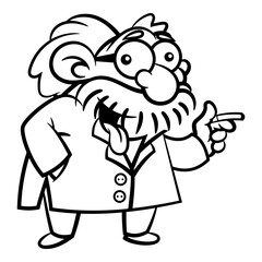 Cartoon illustration of Old professor wearing laboratory coat and smoking cigarette. Best for outline, logo, and coloring book with university themes