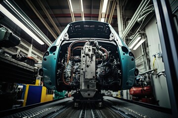 High-tech robot effortlessly assembling a car in a futuristic factory setting. Generative AI