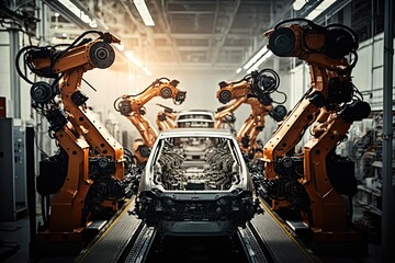 Fototapeta na wymiar High-tech robot effortlessly assembling a car in a futuristic factory setting. Generative AI