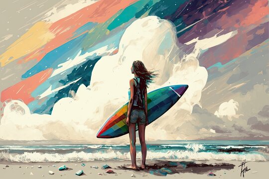 graphic painting of a woman holding a colorful surfboard and standing on a beach while gazing up at the sky. Generative AI