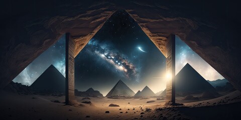 Egyptian pyramids are present in this future desert environment at night. Stars in the night sky, light beams, and galaxy glare. in the pyramid's tunnel. illustration. Generative AI