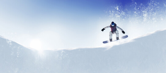 Naklejka na ściany i meble banner with man snowboarding in the snow and copyspace. generative ai