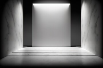 Light beam at the empty white Product stage on marble background with studio for showing or design blank backdrop made from marble material dark abstract wall