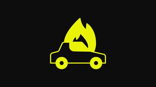 Yellow Burning car icon isolated on black background. Car on fire. Broken auto covered with fire and smoke. 4K Video motion graphic animation