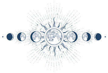 Lunar phases, mystical phase of the moon, astrology and horoscope, oneiromancy, moon eclipse, vector