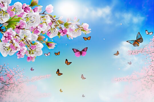 Cherry flowering branches, flying butterflies in the springtime outdoors, with a background of blue sky. Sakura flowers in pink, incredible colorful dreamy romantic artistic image of spring nature, wi