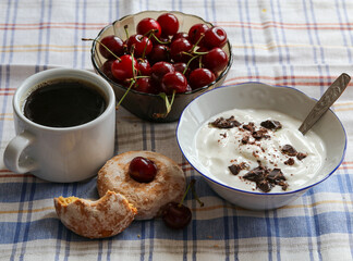 yogurt with chocolate in a bowl and ripe cherries