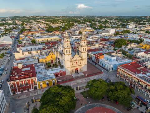 Aerial view of Campeche downtown at sunset. Campeche, Mexico.