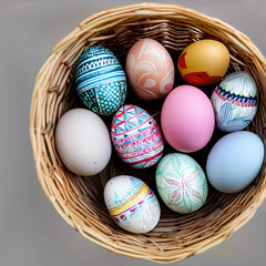 Fototapeta na wymiar Easter eggs in a woven basket finely painted with patterns, pysanka Easter Eggs, post processed generative AI art