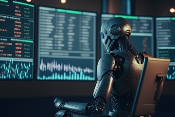 Artificial Intelligence is employed in trading on candlestick charts, on a computer's display. AI trading bot concept of predictive algorithms and machine learning to trade shares on stock markets - obrazy, fototapety, plakaty