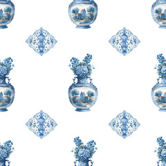 Dutch watercolor seamless pattern. Delft blue motifs. Old fashion hand-drawn rustic pattern with retro vase and flowers.