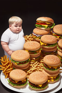 Ni&ntilde;o obeso rodeado de Comida basura