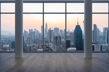 Fototapeta na wymiar Empty room Interior Skyscrapers View Malaysia.Downtown Kuala Lumpur City Skyline Buildings from High Rise Window. Beautiful Expensive Real Estate overlooking. Sunset. 3d rendering.