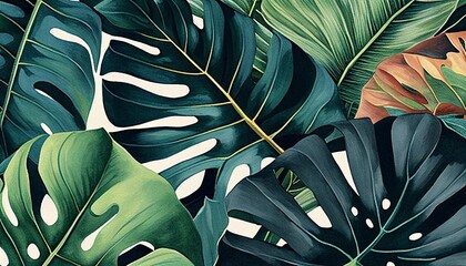 Water Color Monstera Leaf Pattern created with Generative AI Technology