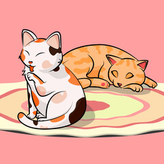 Cute couple cat resting on mat illustration vector