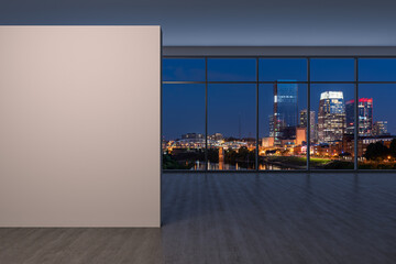 Downtown Nashville City Skyline Buildings from High Rise Window. Beautiful Expensive Real Estate overlooking. Empty room Interior. Mockup wall. Skyscrapers Cityscape. Night. Tennessee. 3d rendering.
