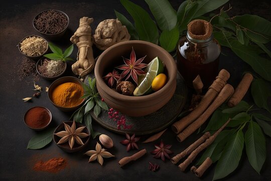 Natural medicine, herbal ingredients like cinnamon sticks, turmeric, bergamot, and dried mangosteen powder, as well as Thai herbs and spa massage. Generative AI
