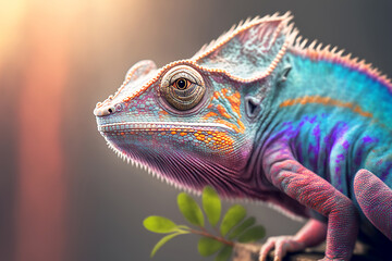 Close-up portrait of a chameleon with bright exotic skin in colorful colors. Generative AI illustration