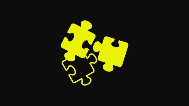 Yellow Puzzle pieces toy icon isolated on black background. 4K Video motion graphic animation