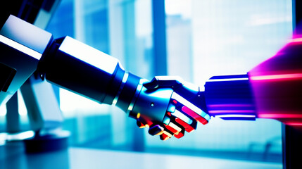 握手するロボットのビジネスマン　風刺　AI　AI技術 - obrazy, fototapety, plakaty
