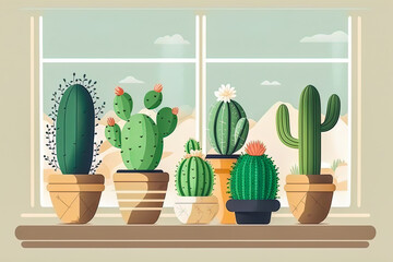 Many cactus in the plant pots in front of the window. Pastel color cartoon style illustration. Digital illustration generative AI.