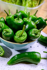 Fresh green mild padron pepper pementos, ready for grill or to be fried with olive oil, traditional snack in Galicia, Spain.