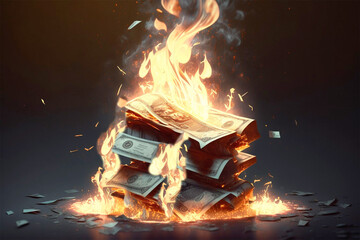 burning money dollars on the fire, inflation economy, dept, recession, financial crisis, money concept, stock market, burn money, money loses value, generative ai