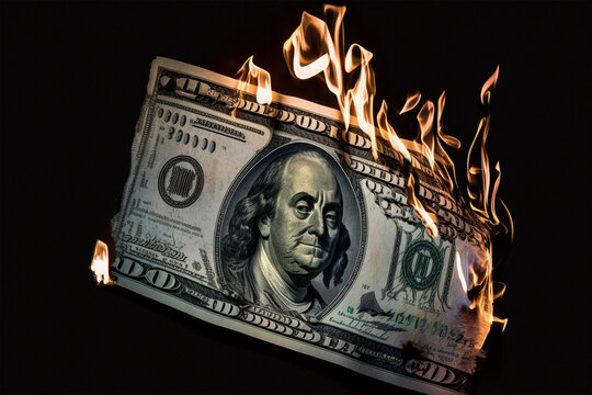 dollar bill on fire, inflation economy, dept, recession, financial crisis, money concept, stock market, burn money, money loses value, generative ai