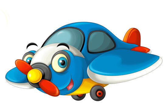 cartoon happy flying plane machine on white background - illustration for children