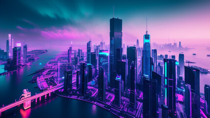幻想的なビルの遠景のイラストサイバーパンク　近未来