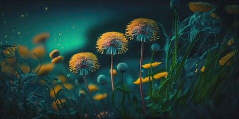 Fototapeta na wymiar Summer floral spring background. On a dark blue green background with a close up of yellow dandelion flowers in a field in the evening at sunset, Free copy space and a colorful artistic image