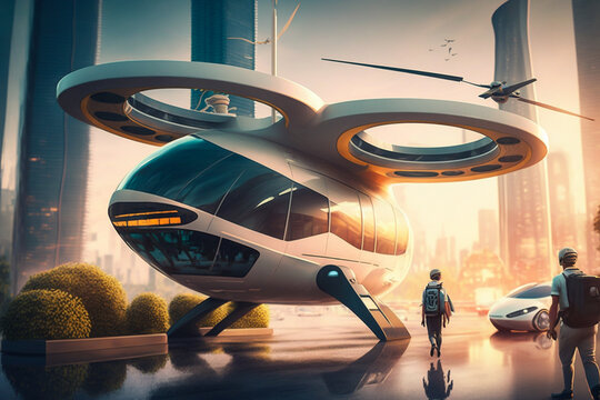 Future Of Urban Air Mobility, City Air Taxi, UAM Urban Air Mobility, Public Aerial Transportation, Passenger Autonomous Aerial Vehicle AAV In Futuristic City, AI Technology