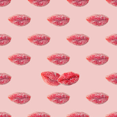 red marmalade in the shape of a woman's lips, seamless pattern on a pink background