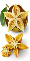 Ripe Star fruit with slice isolated on white background (Averrhoa carambola, star apple, starfruit). Generative AI