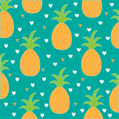 Pineapple seamless background. Juicy big yellow pineapple drawing. Cute hearts background.