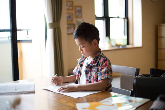リビングで宿題をする小学生の男の子